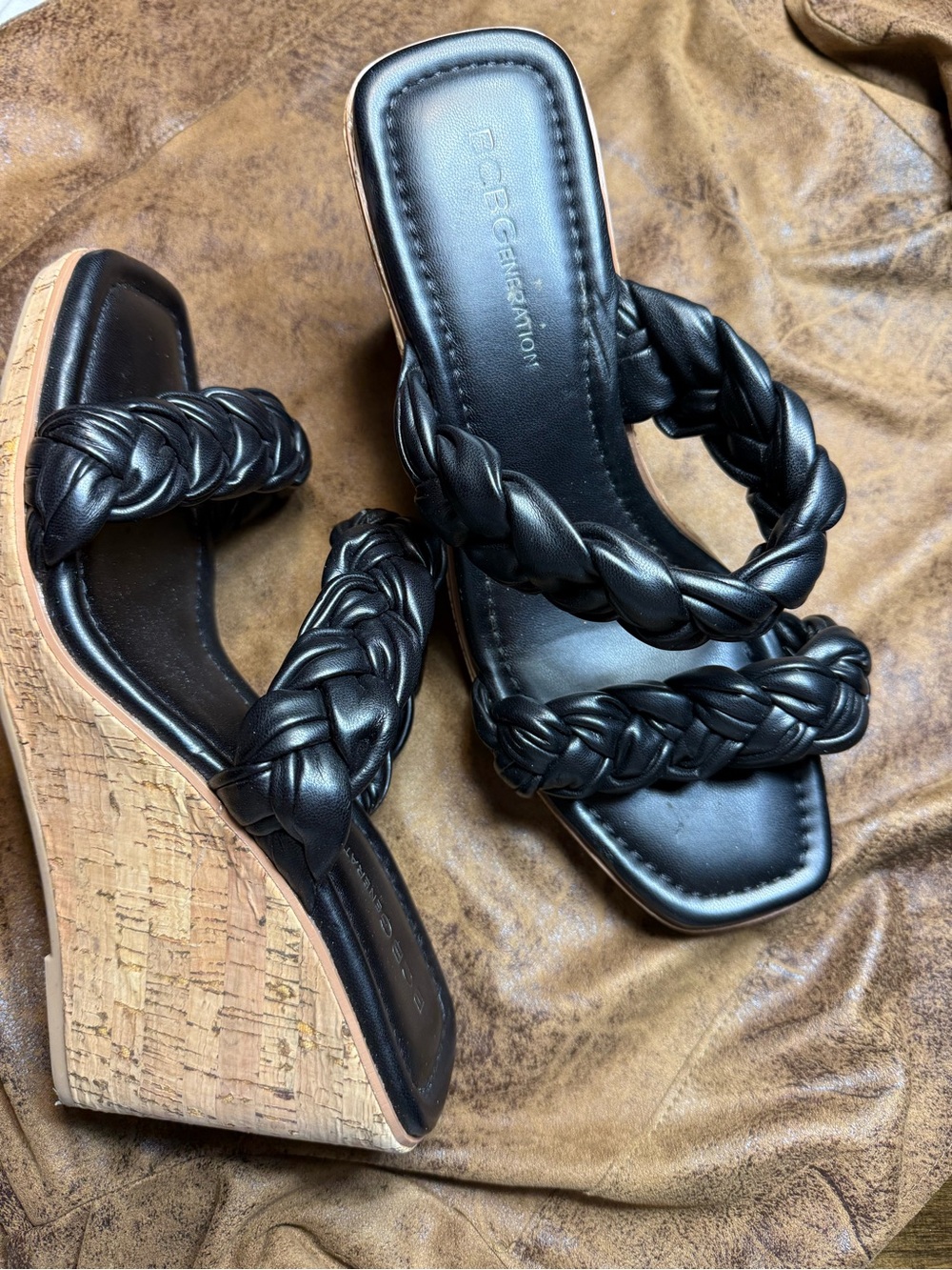 43. BCBGeneration Black Braided Cork Wedge Sandals